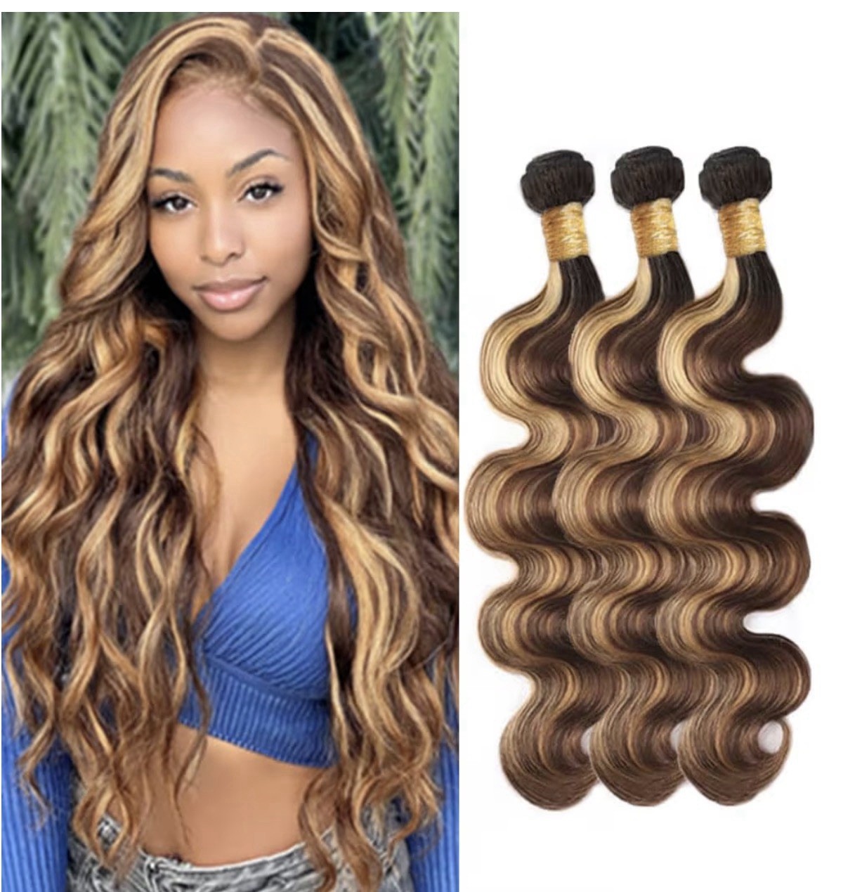 Body Wave Weft Hair Extensions Light Brown/Blonde Highlights 3pc 31-40in