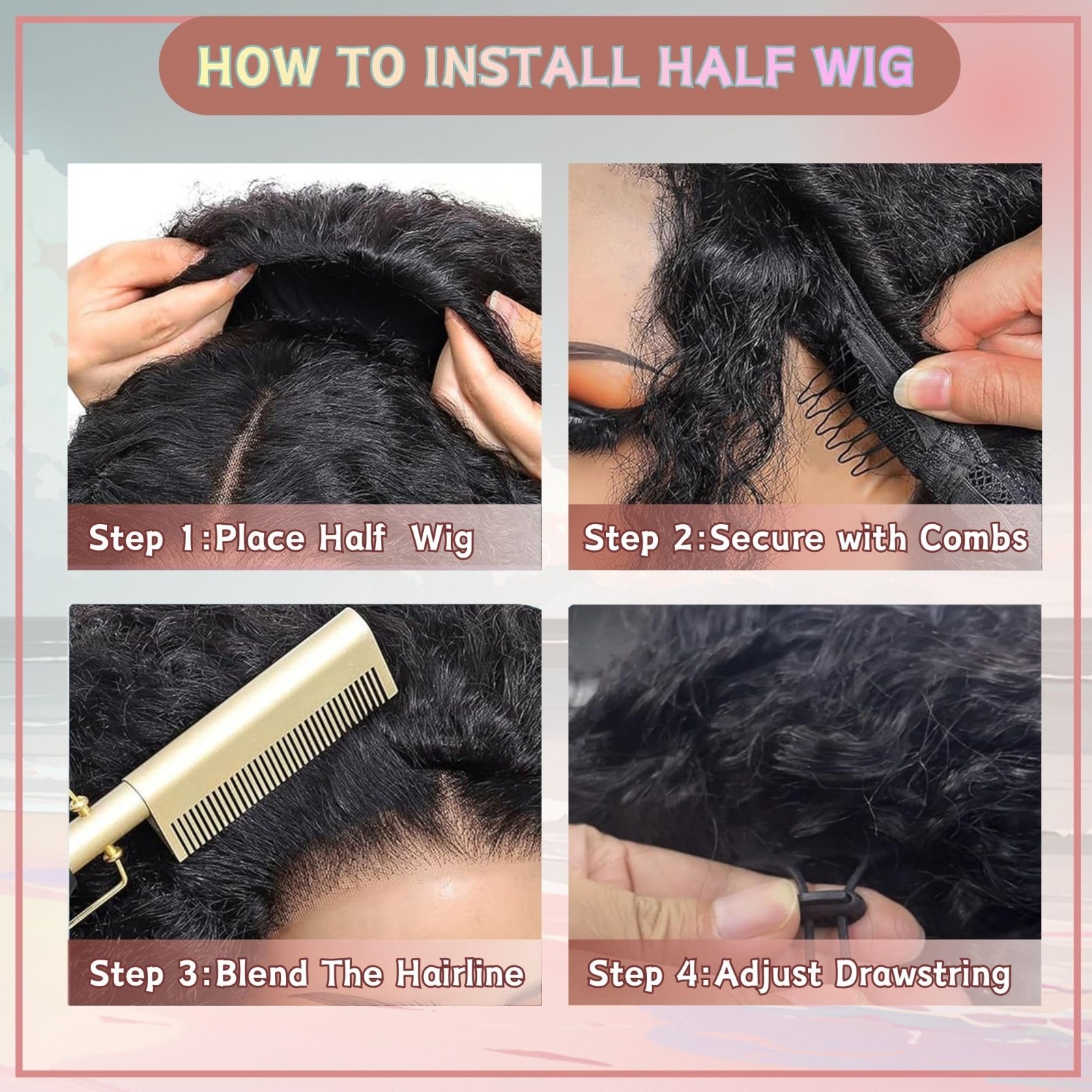 24″ Deep Wave Half Wig Human Hair – Glueless Curly, 200% Density, Easy Wear, Nat