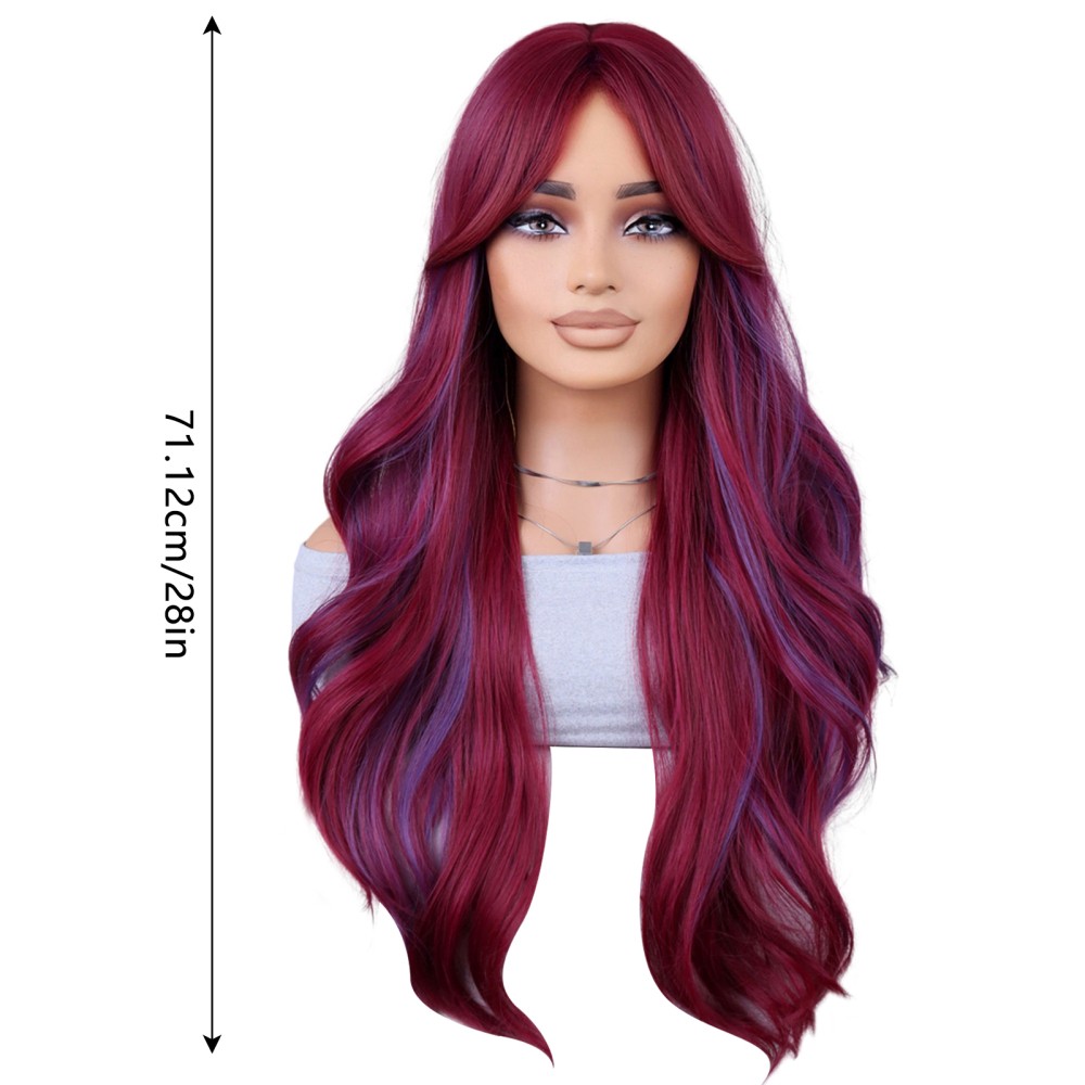 28inch Woman Girls Daily Use Hair Styling Wine-Red Wavy Hair Cosplay Wigs