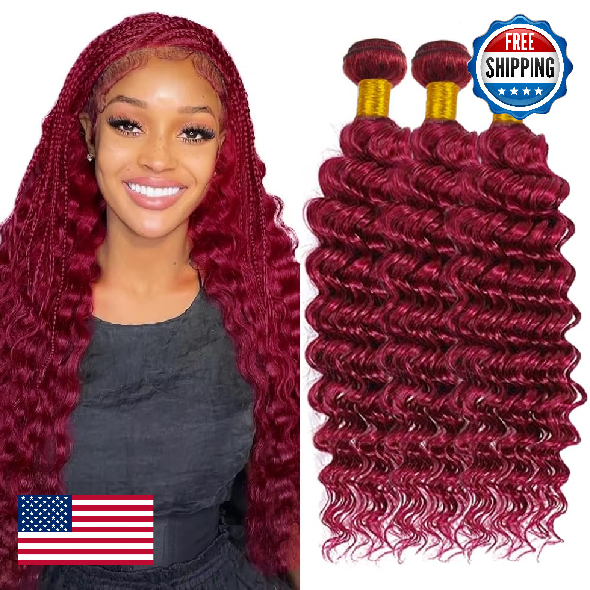 Burgundy Human Hair Bundles 99J Deep Wave 3 Bundles 16 18 20 inch 8A Brazilian U