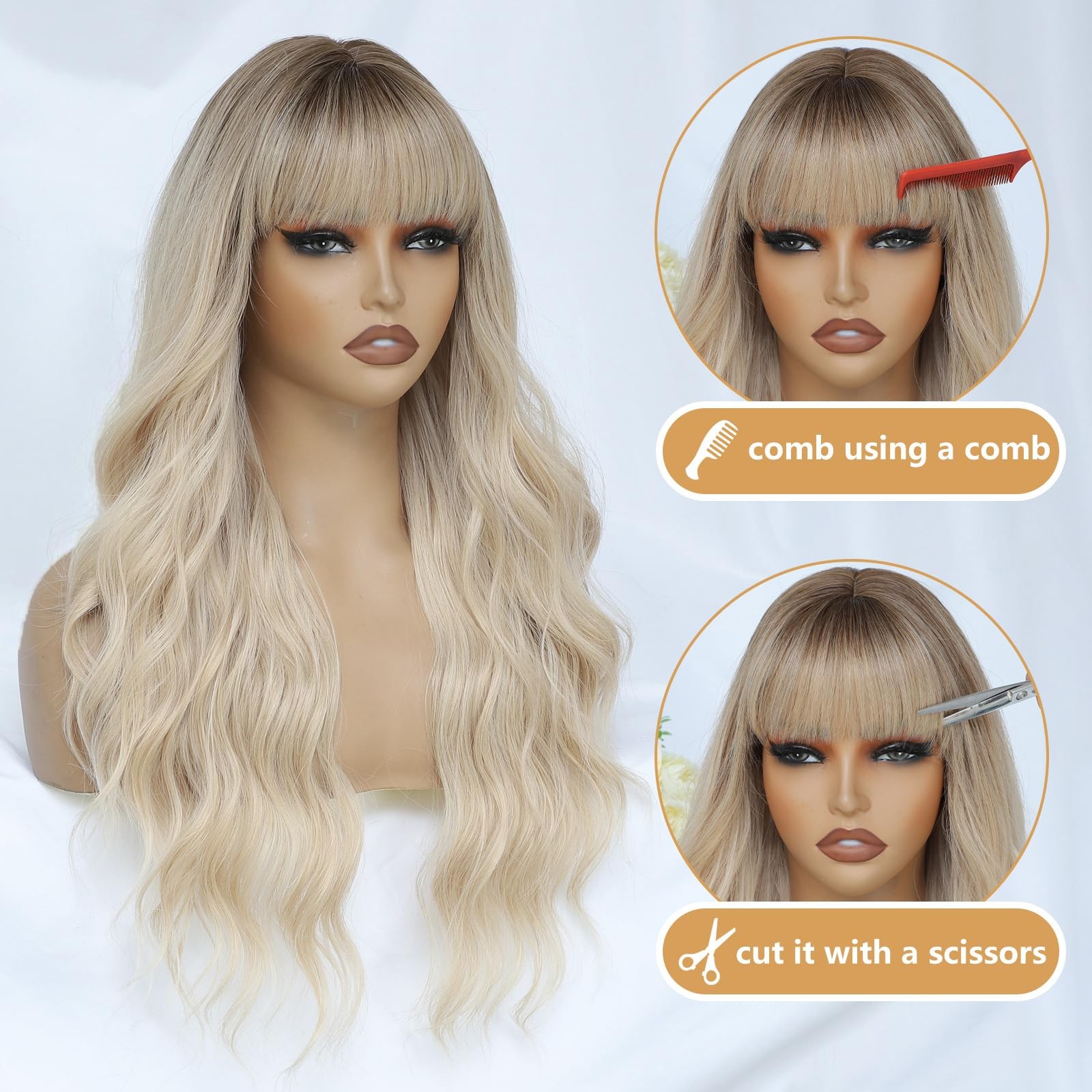 Blonde Wig with Bangs for Women 26 Inch Long Wavy Wig Blonde Hair Wigs Heat R…