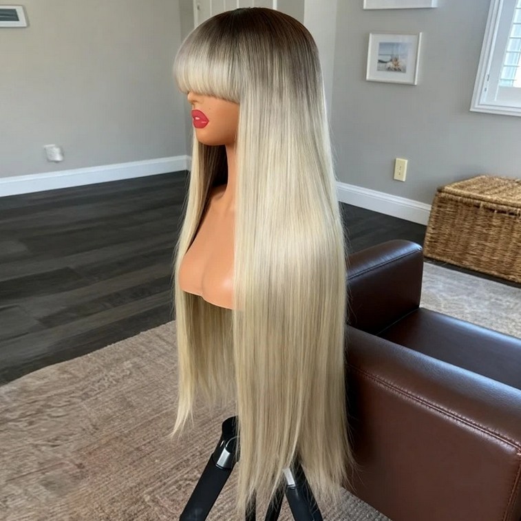 Customized 18Inch Ombre Creamy Platinum Blonde 100% Human Hair Wig No Lace