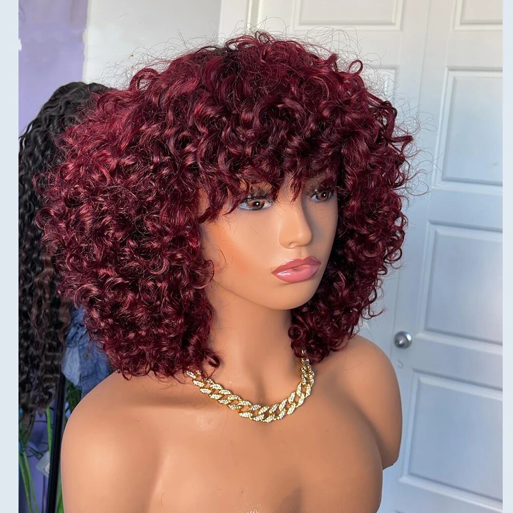 Deep Wave Human Hair Wigs With Bangs Full Machine Made Jerry Curly Wig