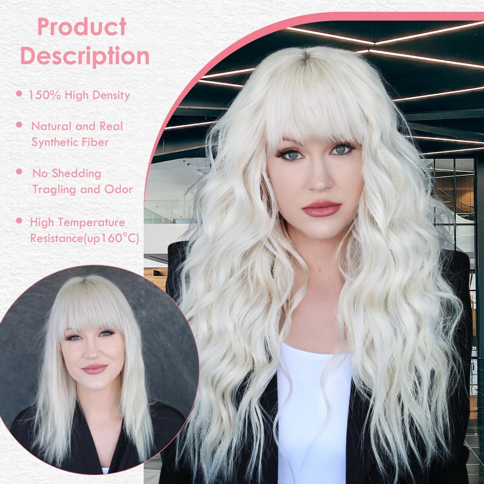Long White Wavy Wig with Bangs 26 Inches Natural Looking Synthetic Heat Resis…