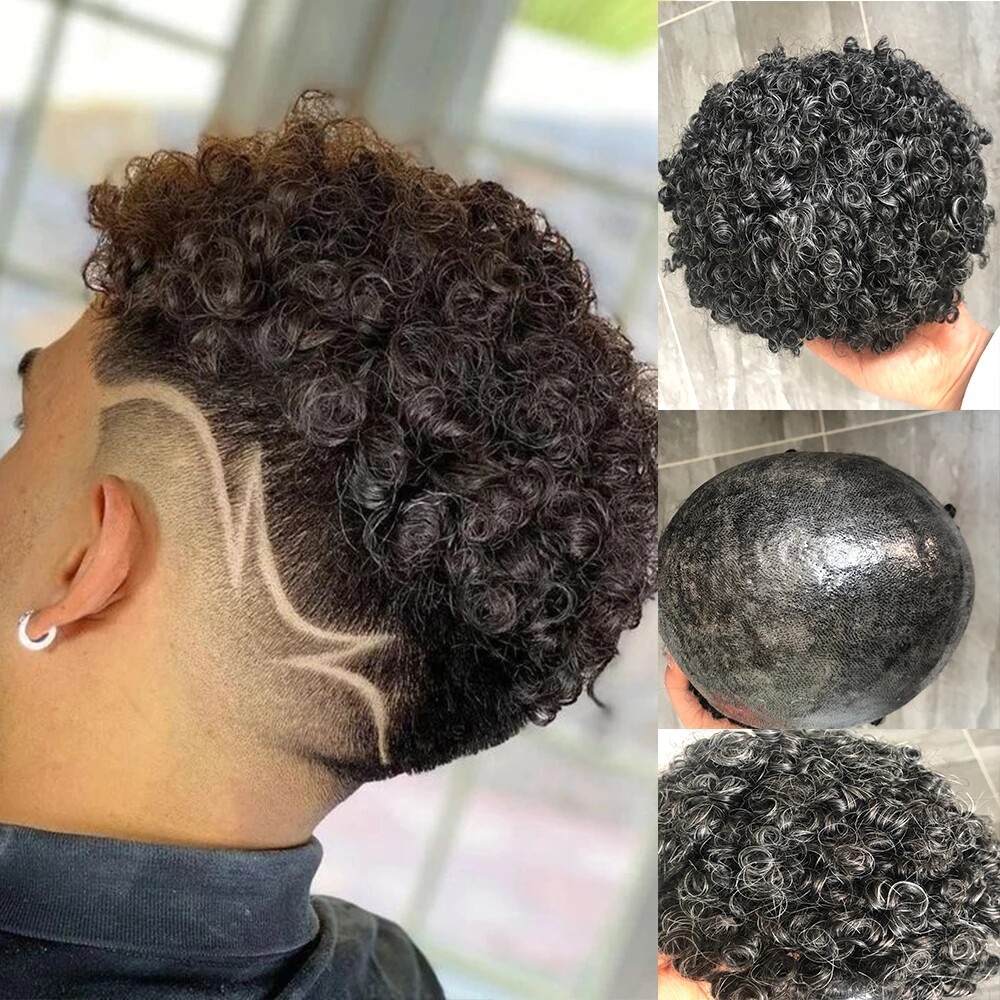 15mm Tight Curl African American Wigs PU Base Mens Hairpiece 120% Medium Density