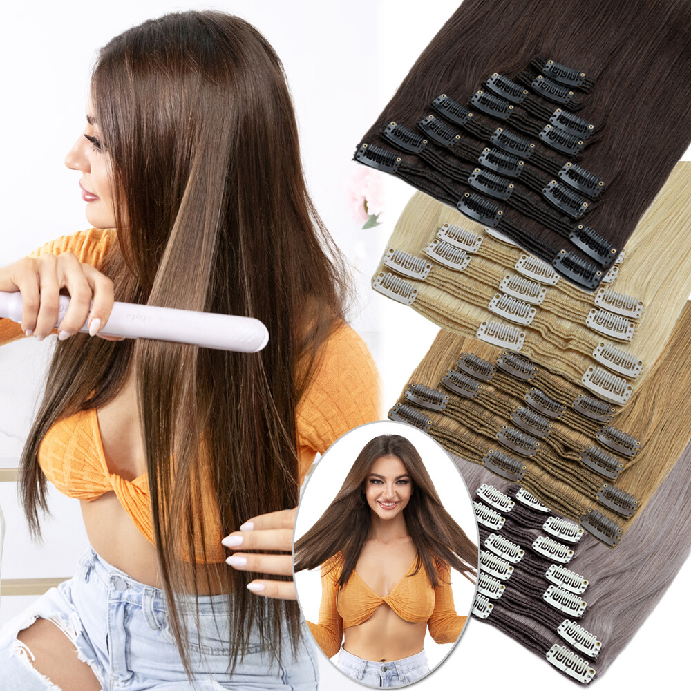 Clip In Hair Extensions 100% Remy Human Hair Double Weft Thick Full Head THICK