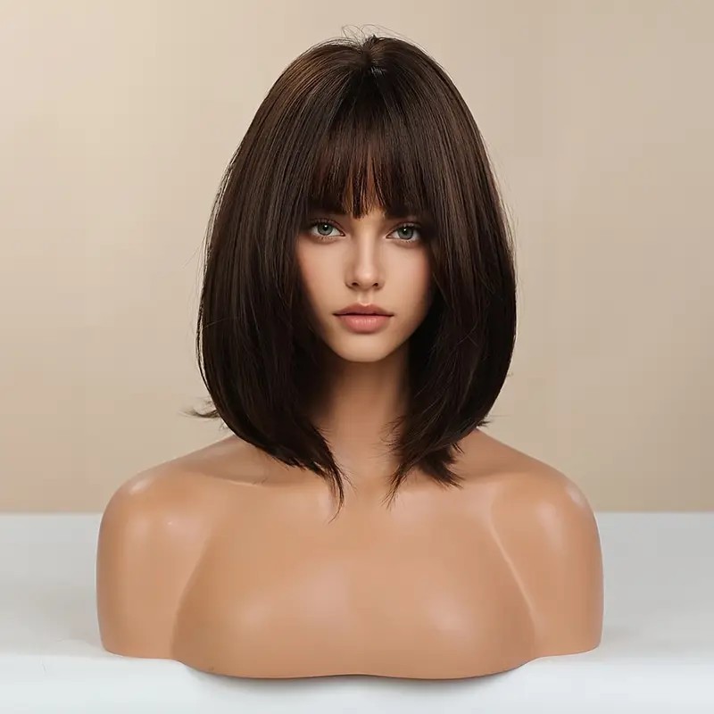 Costume Wig With Fringe Soft Layered Straight Dark brown Heat Resistant Hair