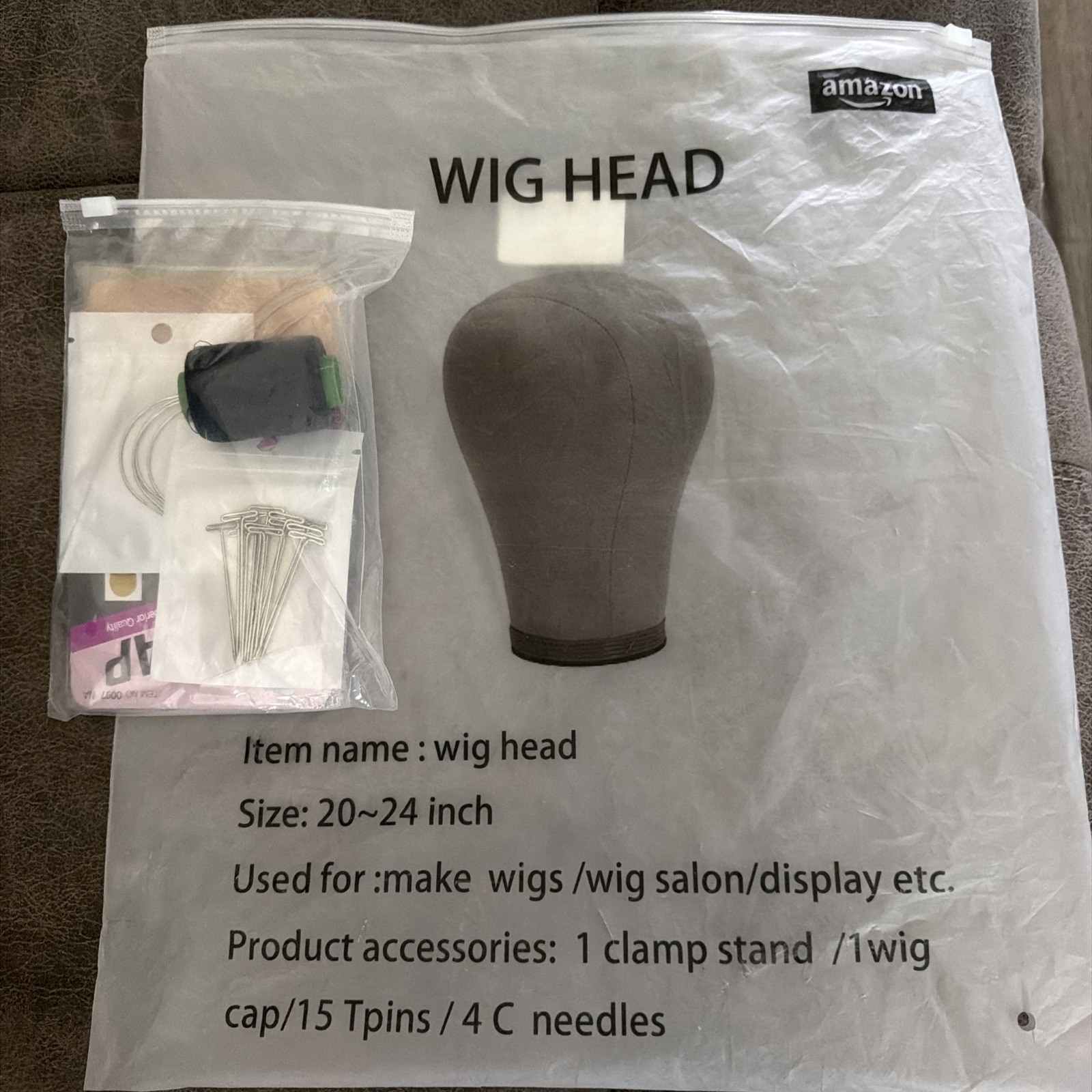 Wig Head Cork Canvas 20-24 Inch With 2 Wig Caps, 15 T Pins, And 4 C Needles New