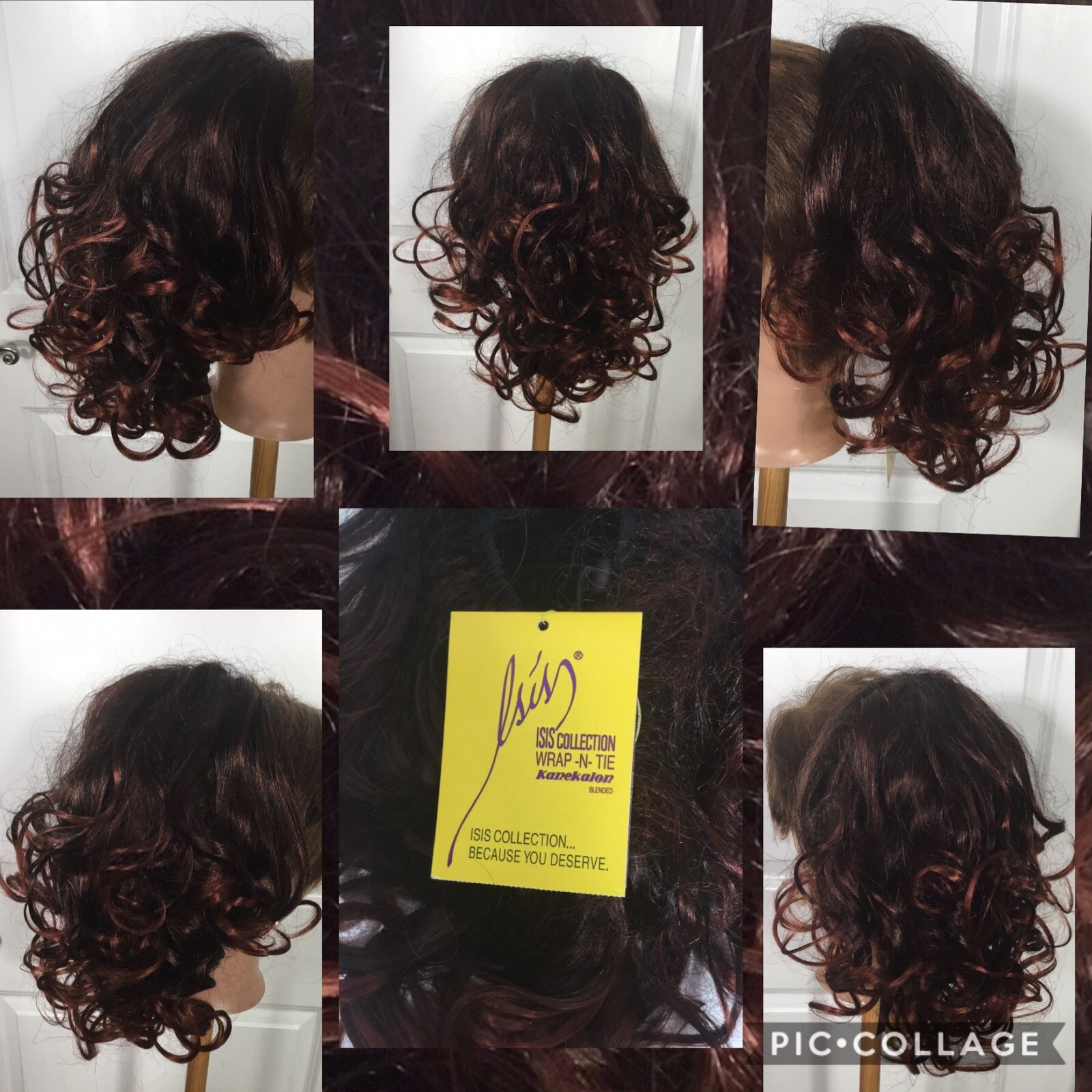 New! ISIS Collection Wrap-N-Tie Hairpiece Soft Curls Dark Brown /Red (6-ISS) NWT