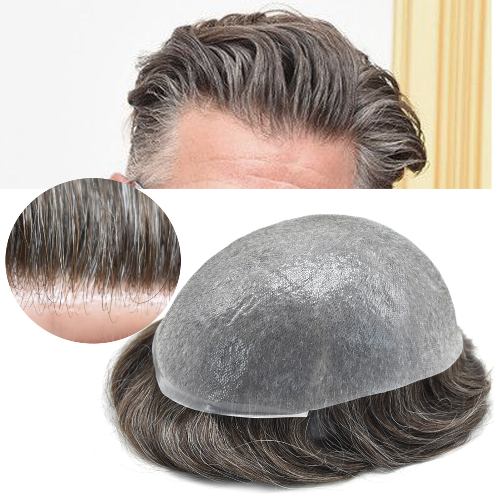 Thin Skin V-Loop Mens Toupee Hairpiece 0.04mm Poly PU Gray Hair Replacement