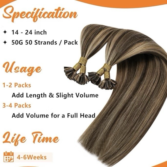 Sunny Hair 14” K Tip Human Hair Extensions #P4/27 Med Brown Caramel Blonde 50g