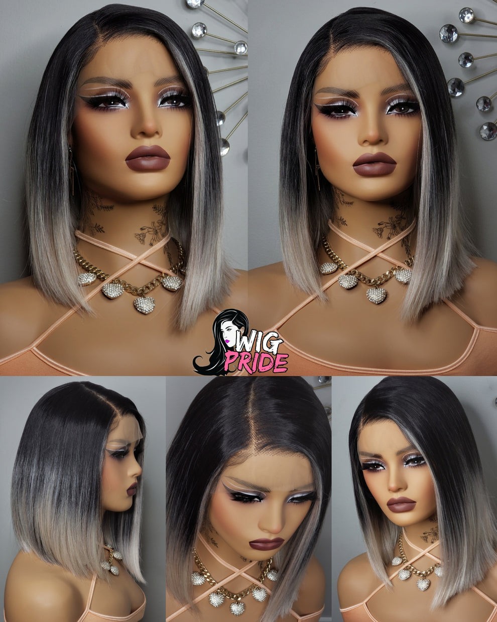 New Black Rose Gold Short Bob Wrap Style Lace Front Wig Womens Fashion Hair Wigs