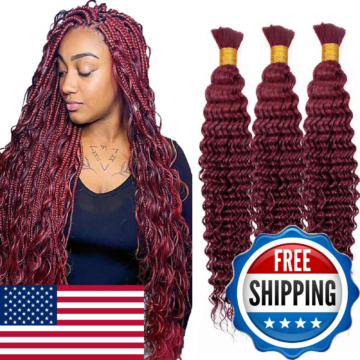 Muaowig Burgundy Boho Human Hair Deep Curly 99J Human Braiding Hair 24 24 24
