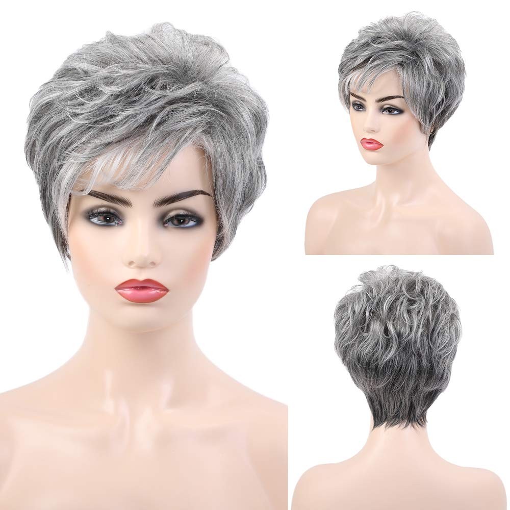 Short Grey Human Hair Wigs for Women Blend Pixie Cut Wig With Bang,Natural Da…