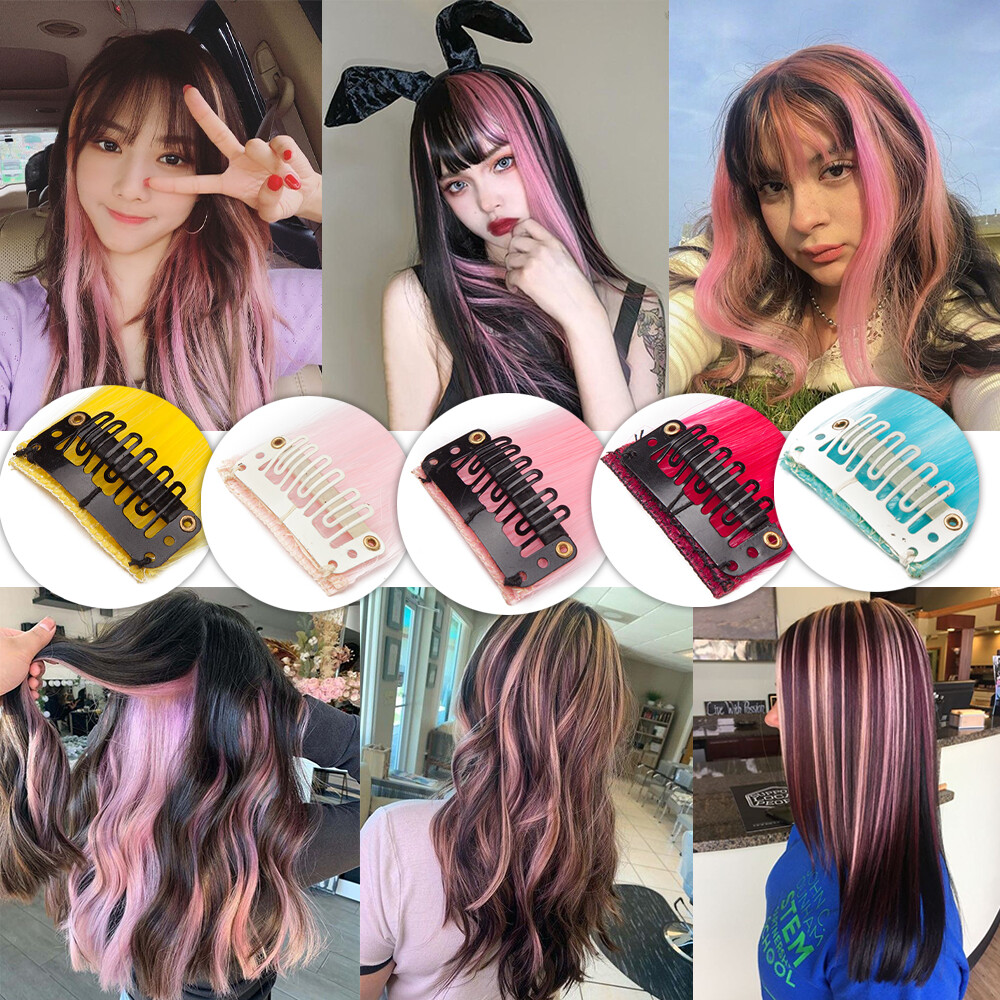 10 Pcs Clip In Wavy Straight Hair Extensions Rainbow Color Streaks Hair Piece US