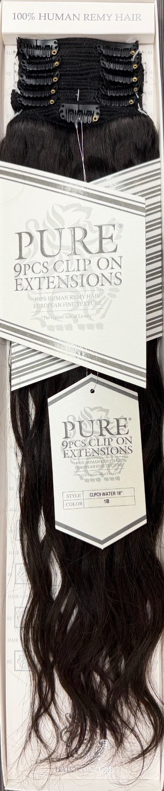 Hair Couture Pure 100% Human Remy Hair 18″ Clip-On Extension Water Wave 9pcs #1B