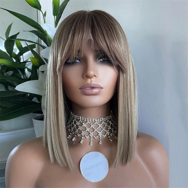 Highlight Bob Wig Ombre Blonde Short Straight Human Hair T Part Lace Front Wig