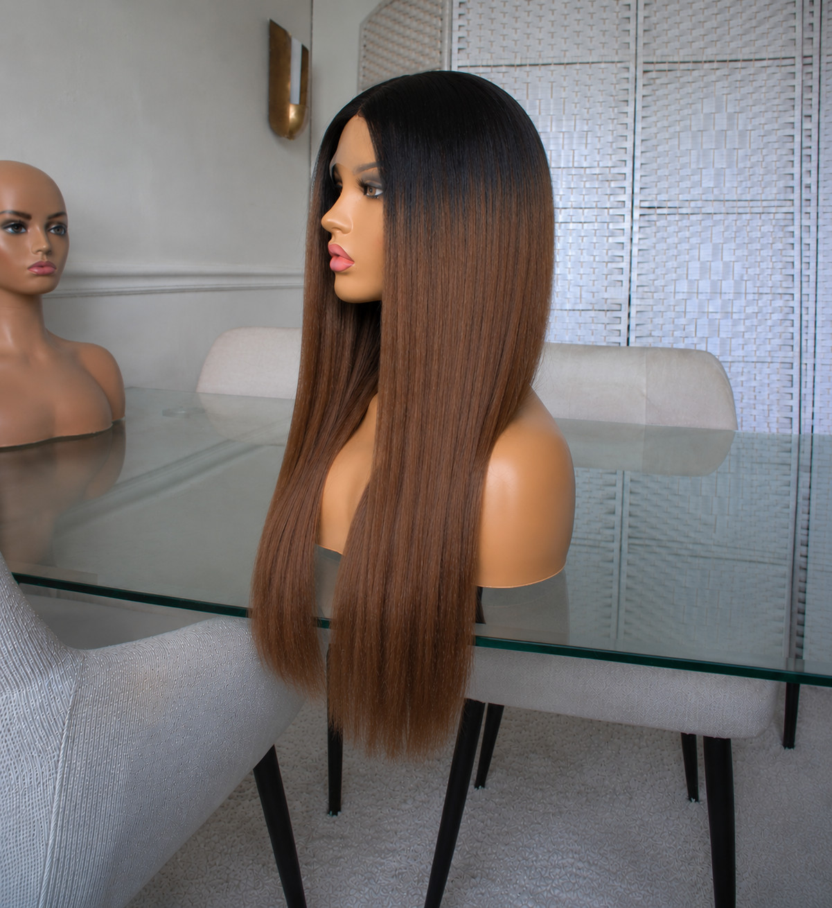 28″ Yaki Straight Lace Front Wig 1B/30 Black Brown Natural Looking