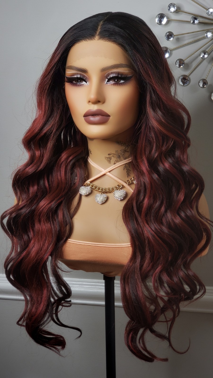 New Long Wavy Red Burgundy Wine Lace Front Wig Curly Style Womens Fashion Hair