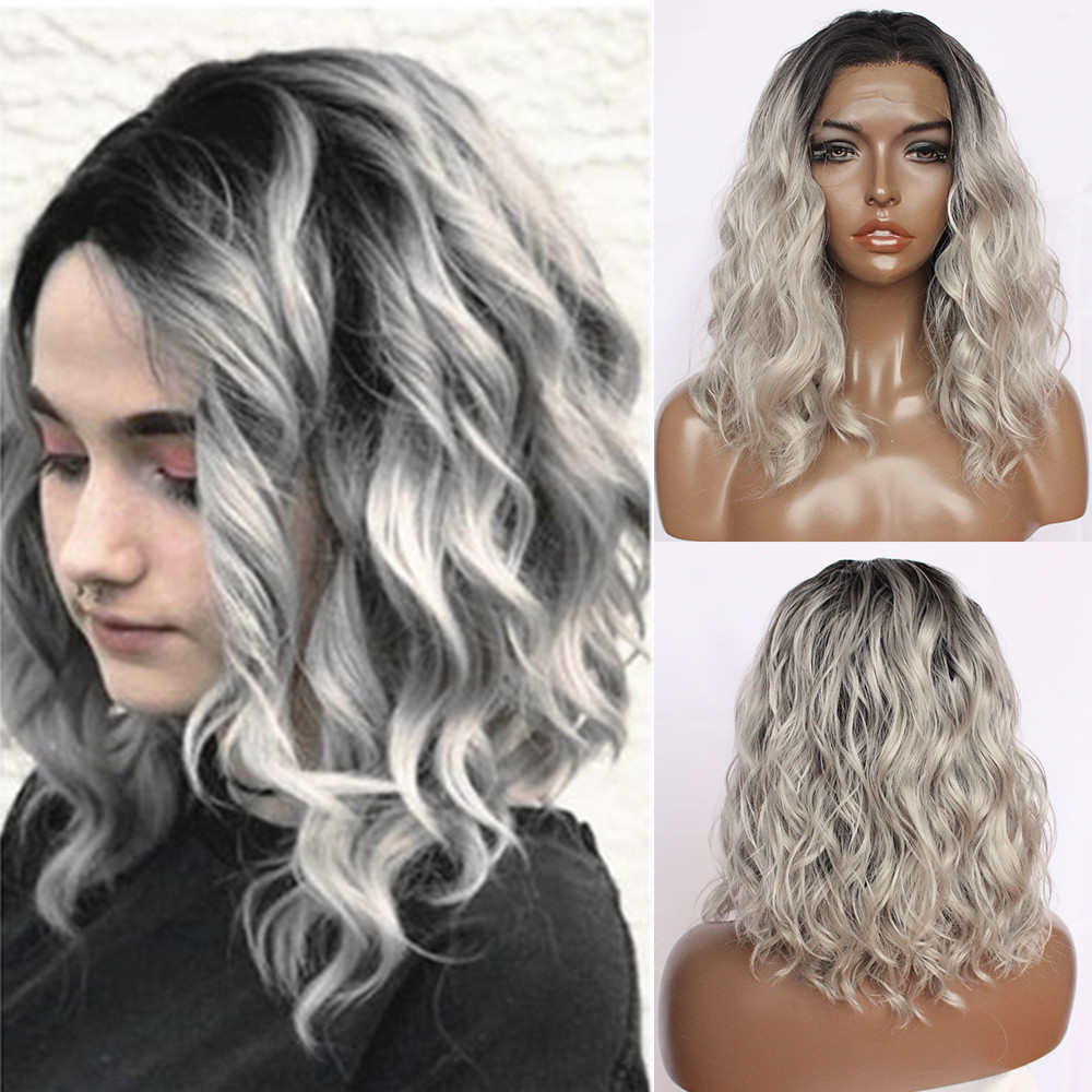 #1b/Gray Short Wavy Bob Synthetic Lace Front Wigs Glueless Hair Wig Baby Hair