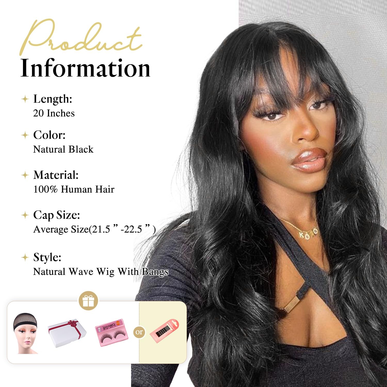 Wiger Natural Wave Human Hair Wigs Bangs Upgraded Real Hairline Black Loose