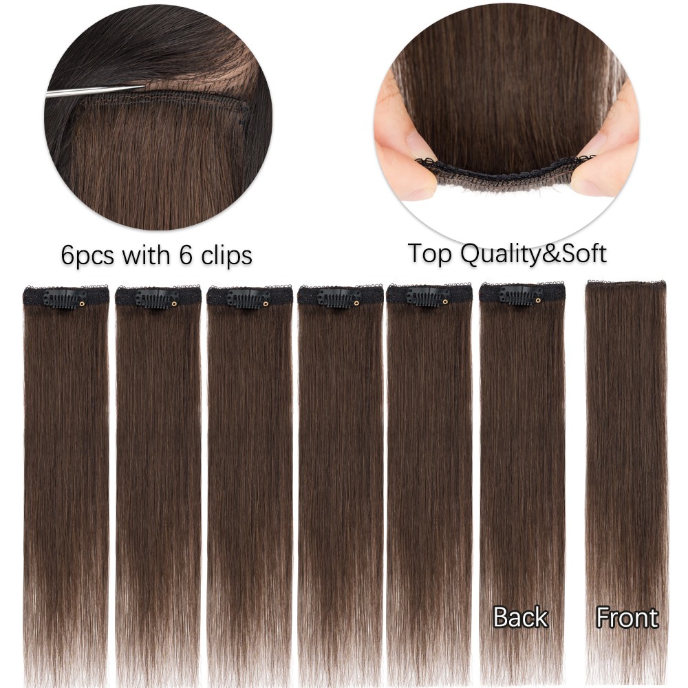 6 Pieces 6 Clips on Clip in Human Hair Extensions Thick Short Straight Lace Weft