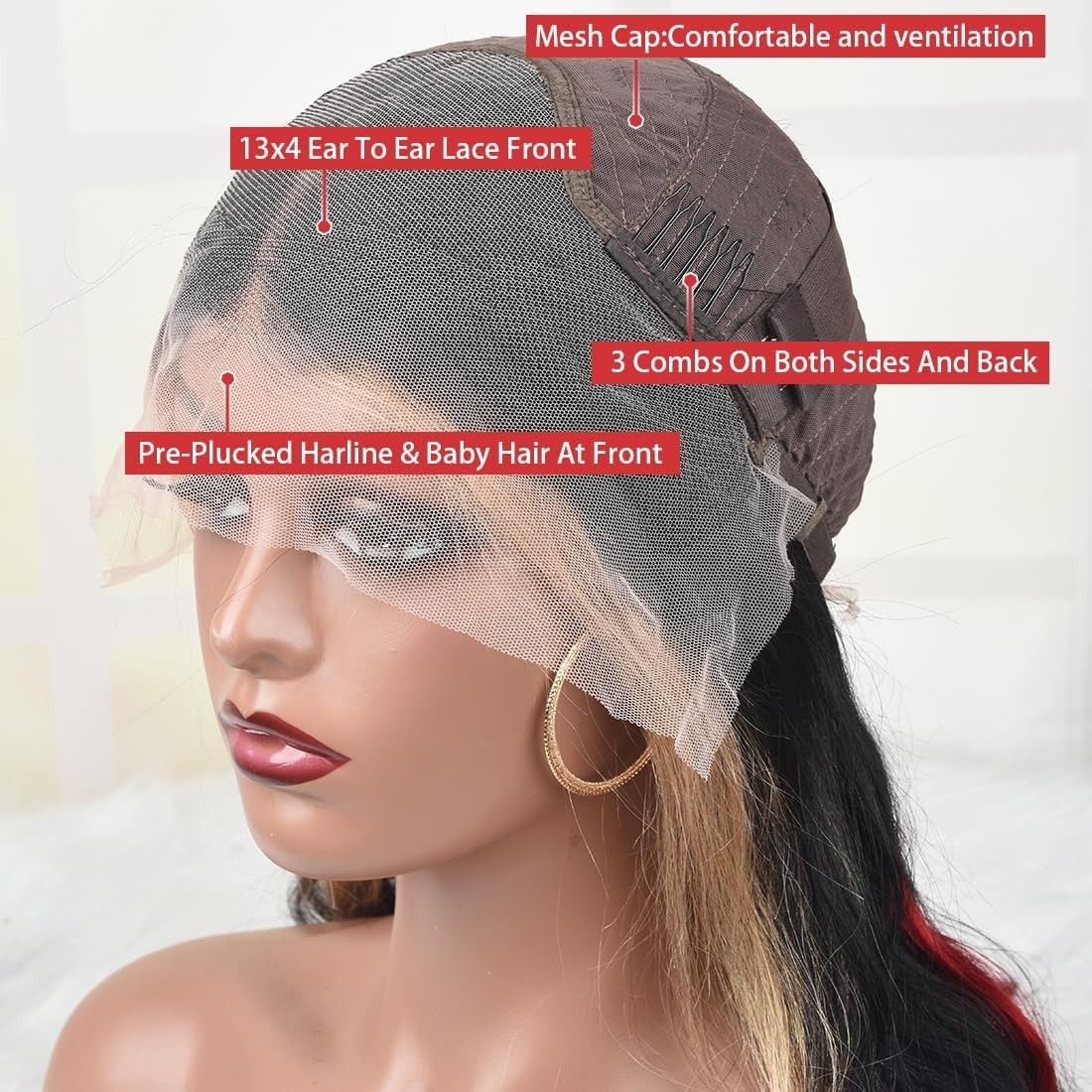 32″ Ombre Body Wave Lace Front Wig – 180 Density Human Hair, Black Red Blonde Hi