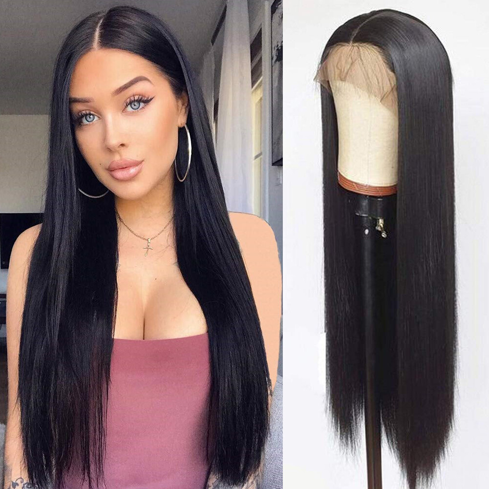 Long Straight Black Hair Women Glueless Synthetic Lace Front Wigs Heat Resistant