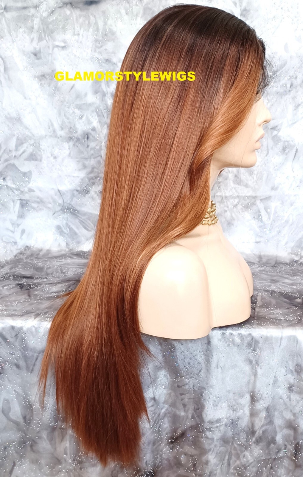 34″ LACE FRONT FULL WIG LONG STRAIGHT LAYERED OMBRE BROWN AUBURN MIX HEAT OK NWT