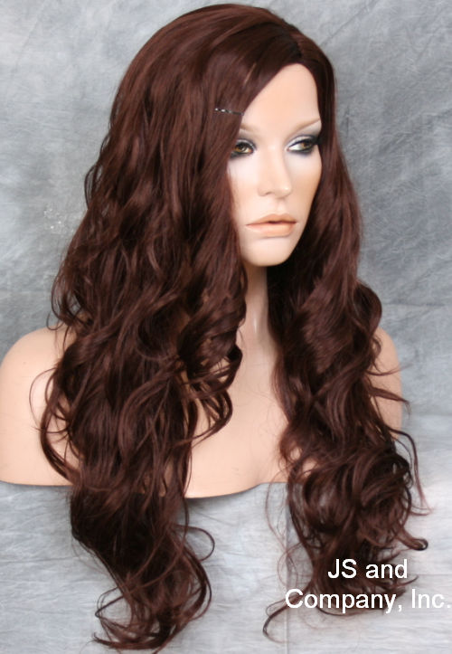 LONG spiral curly WIG Dark Auburn Side skin top Hair 33 JSOB