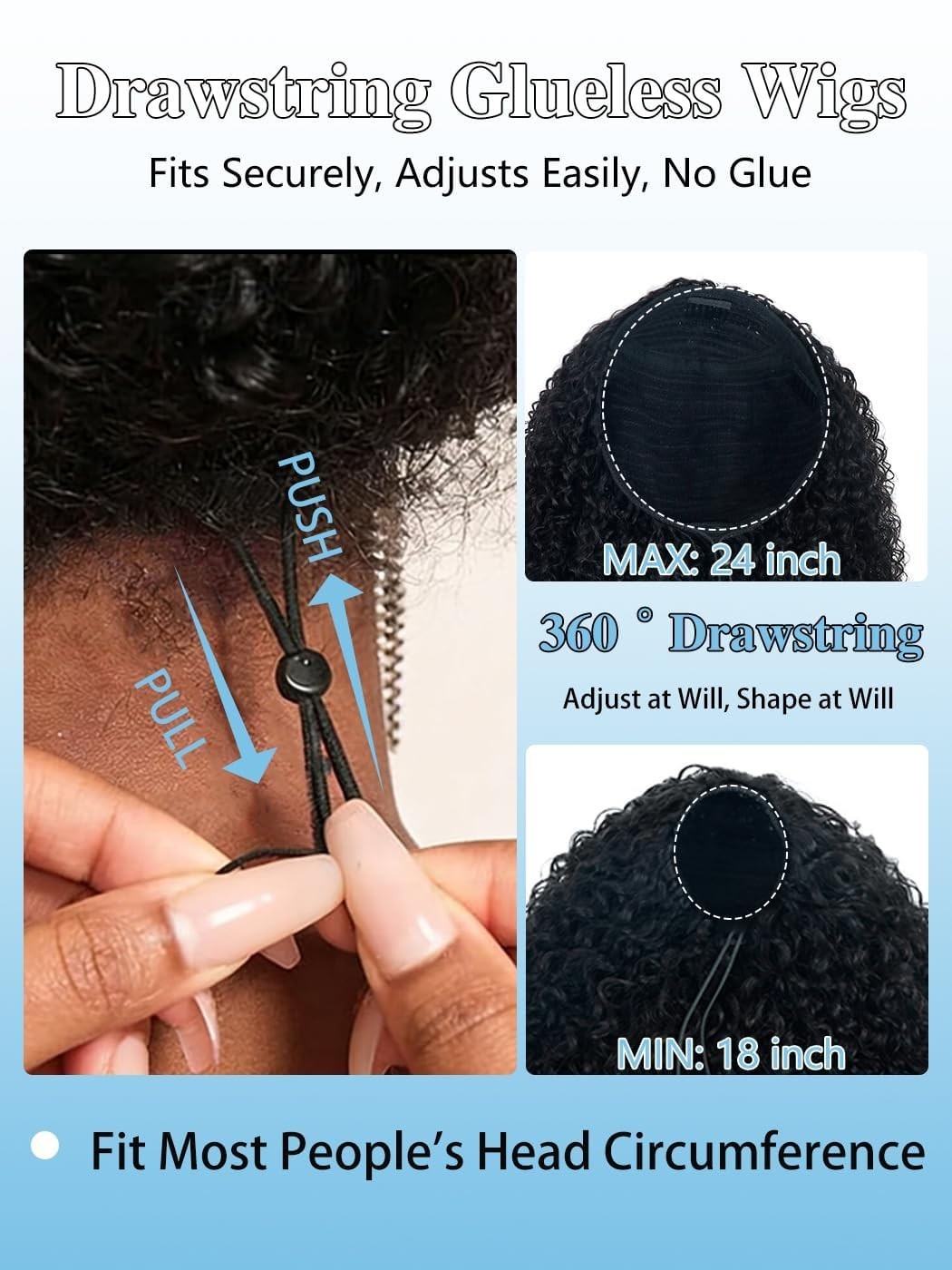 30″ Curly Human Hair Half Wig – 3-in-1 Glueless Drawstring Headband for Black Wo