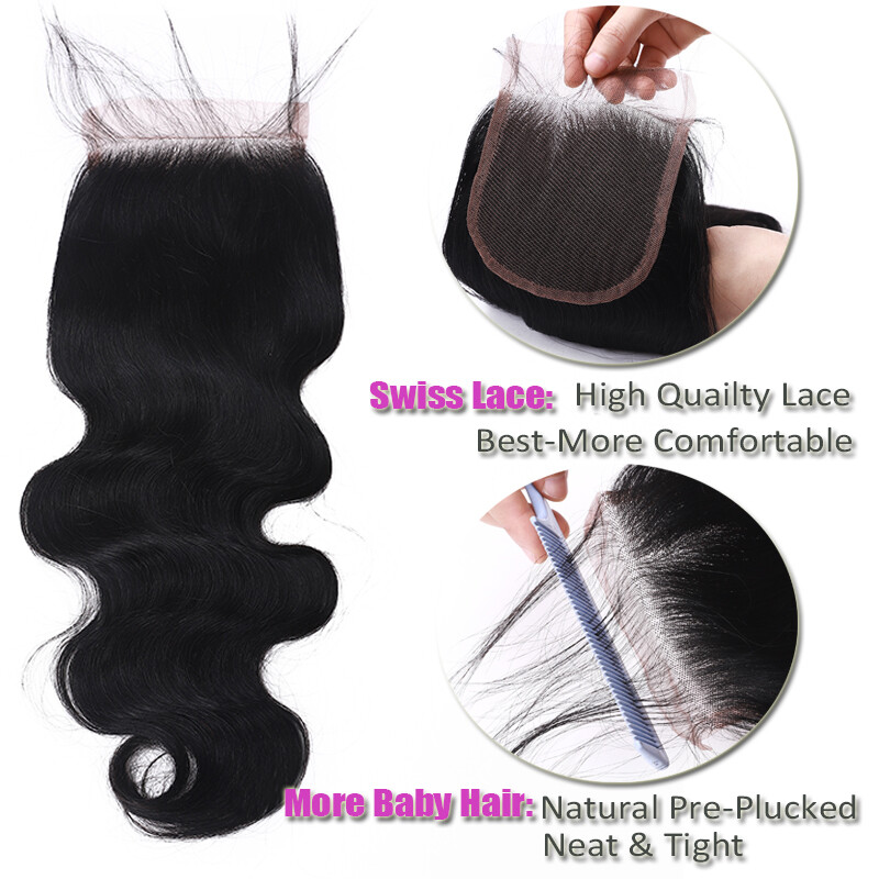 Pre Plucked Lace Closure with 3Bundles Brazilian Virgin Human Hair Wavy Weave US