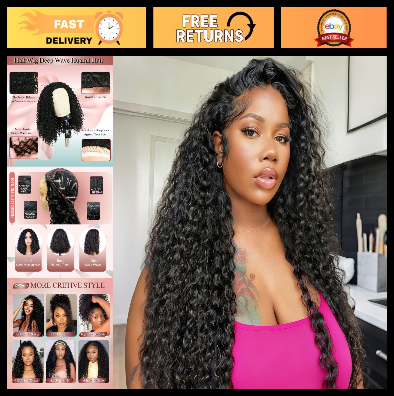 24″ Deep Wave Half Wig Human Hair – Glueless Curly, 200% Density, Easy Wear, Nat