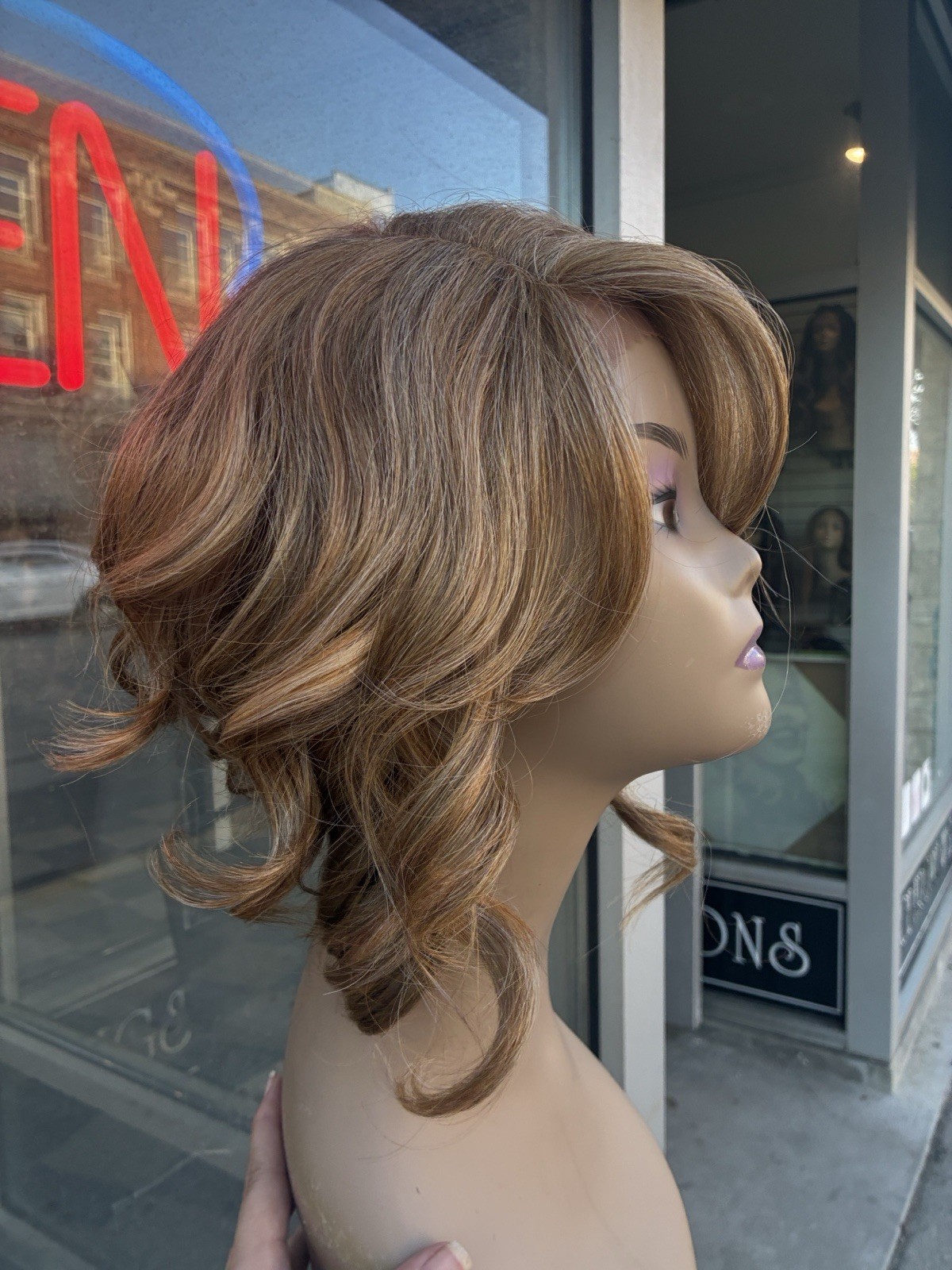 Wig￼ asymmetrical, Romantic Curls, Lace, Front Side, Part With Golden Blonde