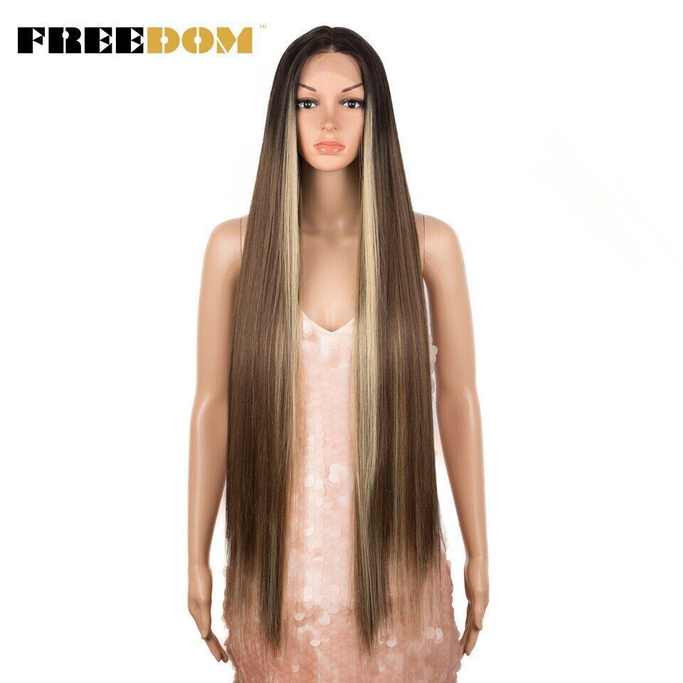 Synthetic Lace Front Wigs Super Long 38Inch Ombre Highlight Straight Wigs