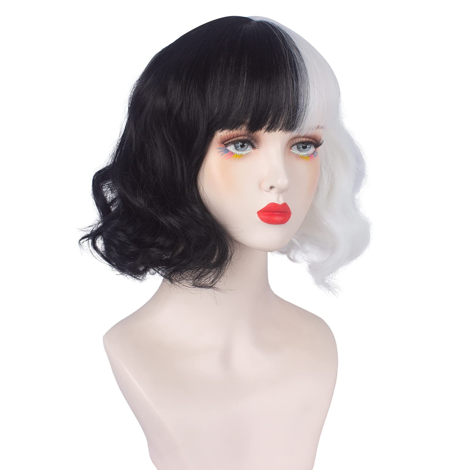 Black and White Wig for Women Short Curly Wavy Wig with Bangs Heat Resistant …