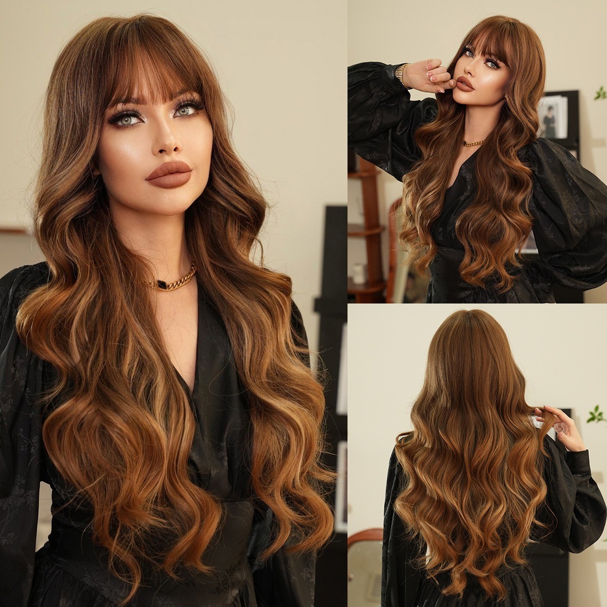 Golden highlighted long curly hair with big waves and bangs wigs