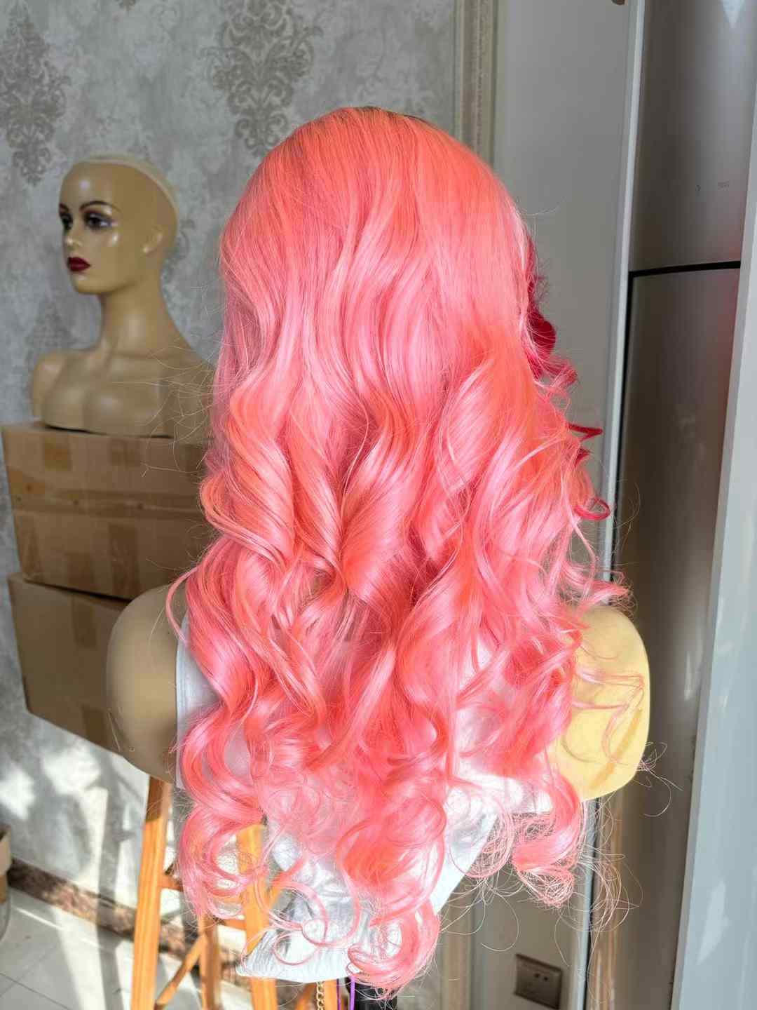 Brown Root Red With Pink Long Wavy Wig T Lace Front 100% Human Hair Wig Glueless