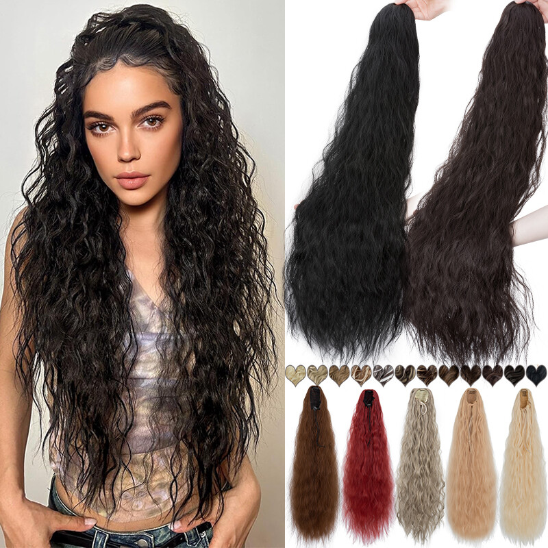 Long Thick Drawstring Ponytail Extensions as Human Hair Cornwave Yaki Body Wavy