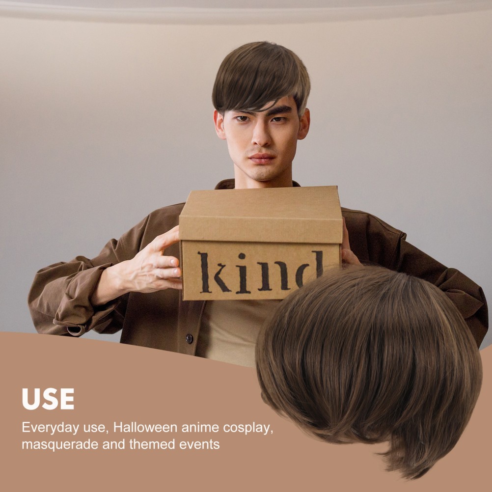 Dark Brown Men Short Synthetic Wig High Temperature Fiber Cosplay Use