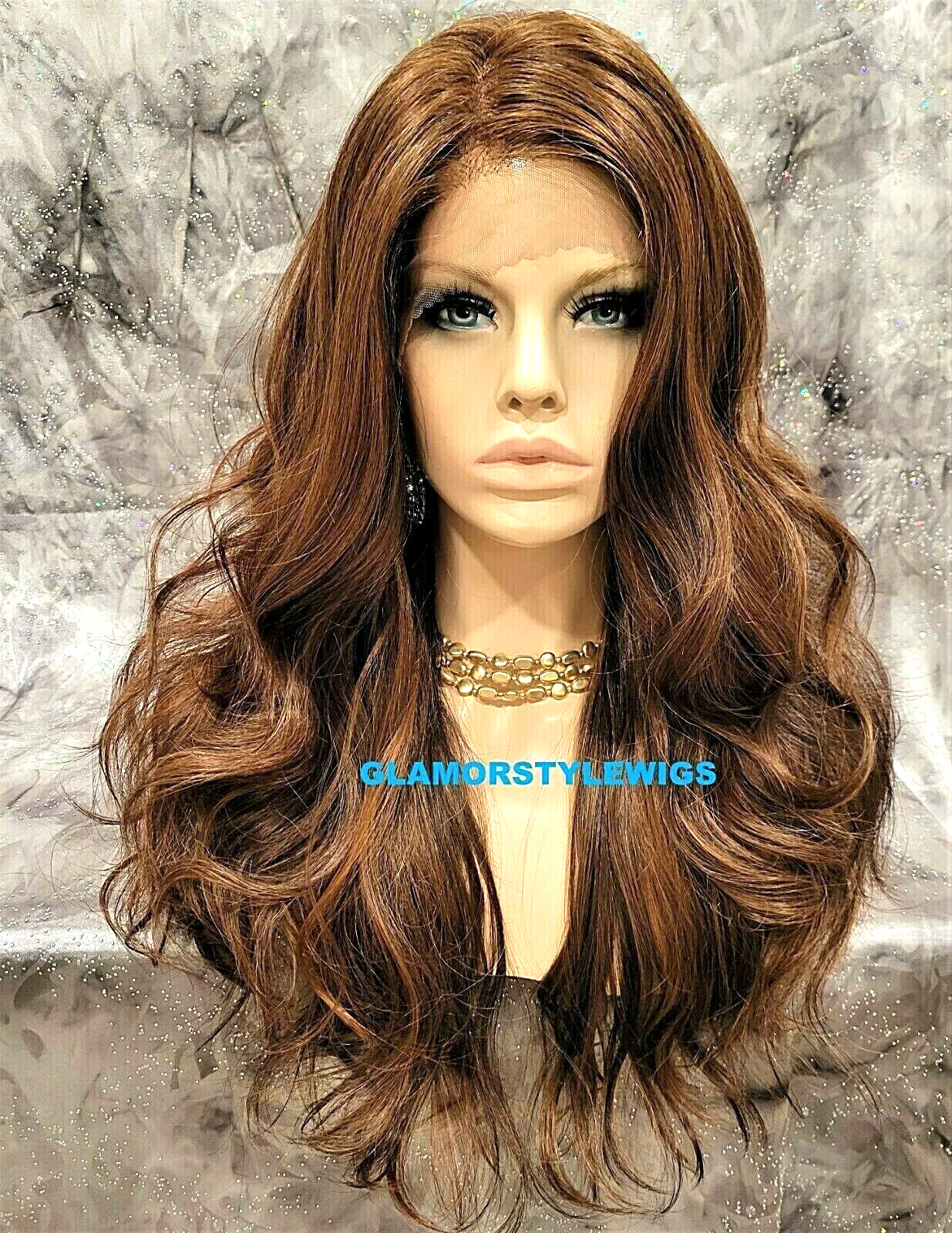 FREE PART LACE FRONT FULL WIG LONG LAYERED WAVY BROWN AUBURN MIX HEAT OK NWT