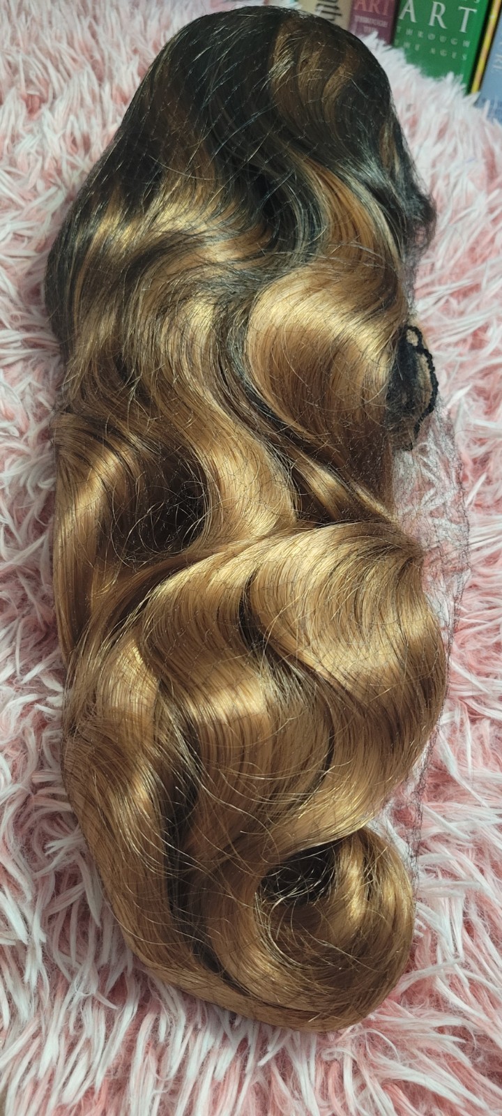 2 Dark Brown Root to Gold Ombre Long Wavy Curly Blonde Wig Women Synthetic Hair