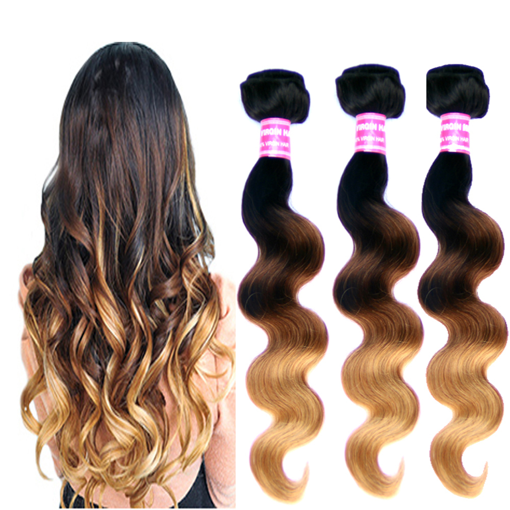 Brazilian Virgin Body Wave Wavy Sew In Bundle Ombre 1B/4/27 Black/Brown/Blonde