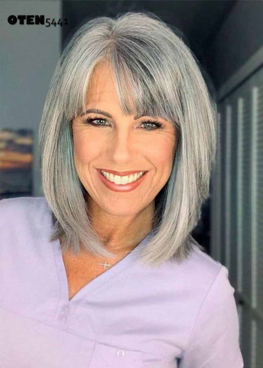 Salt and Pepper Short Bob Style Women’s Synthetic Hair Capless Wigs Wig Bangs