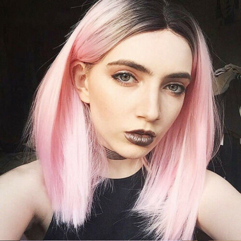 Women Girls Full Wigs Pink Short Straight Wig Synthetic Wig Bob Hair Cosplay Wig