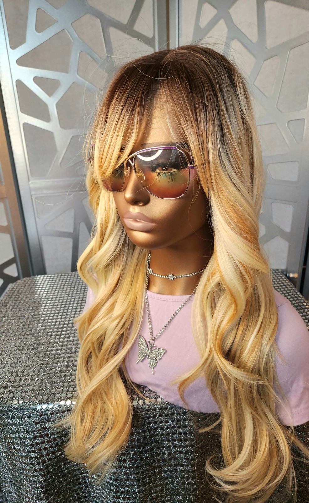 Wig with Bangs Ombre Blonde Wig 13×4 Lace Front Loose Wave Human Blend Glueless