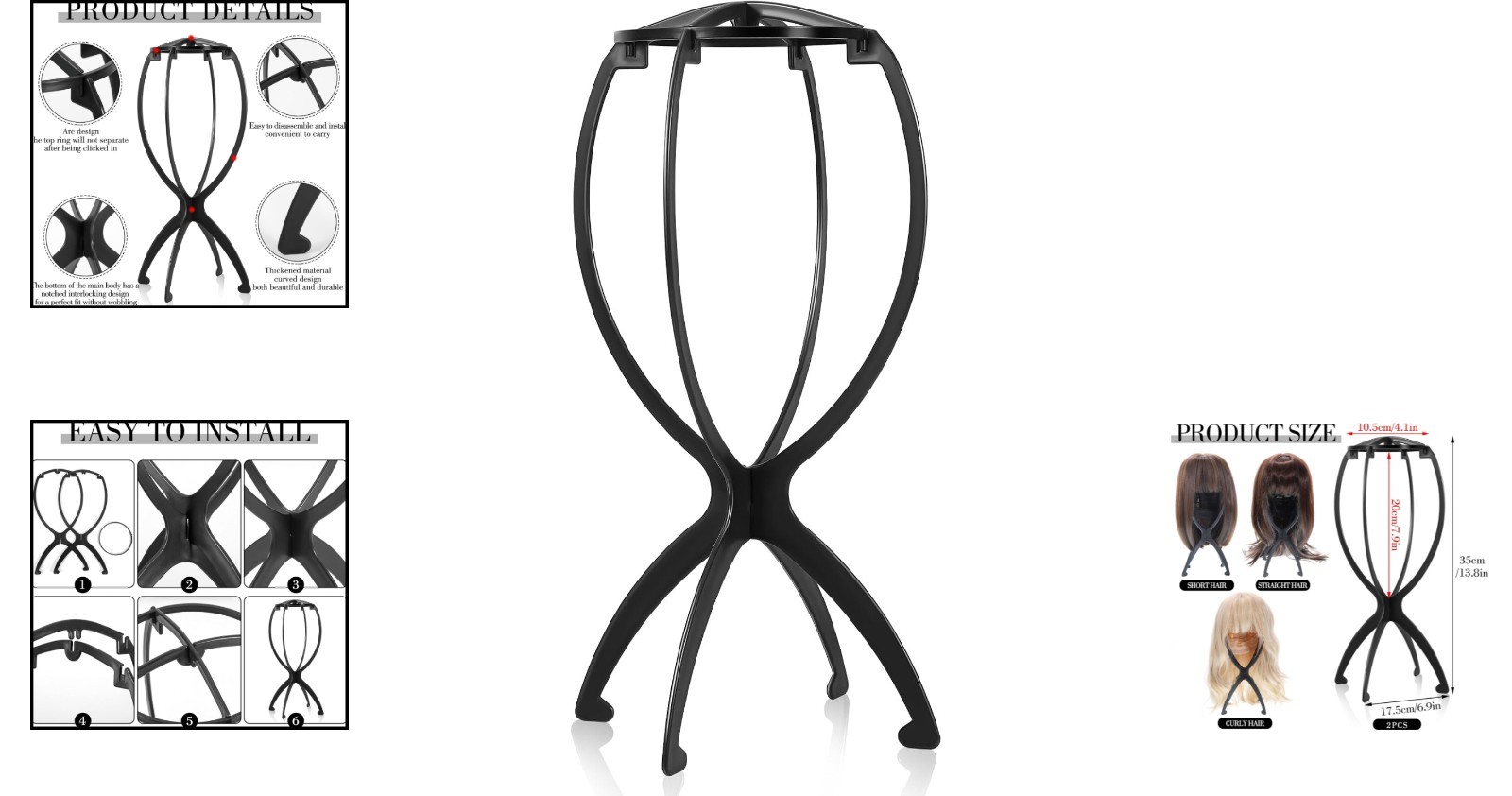 Durable 13.8″ Black Wig Holder – Compact Design for Wigs & Hats, Easy Assembly