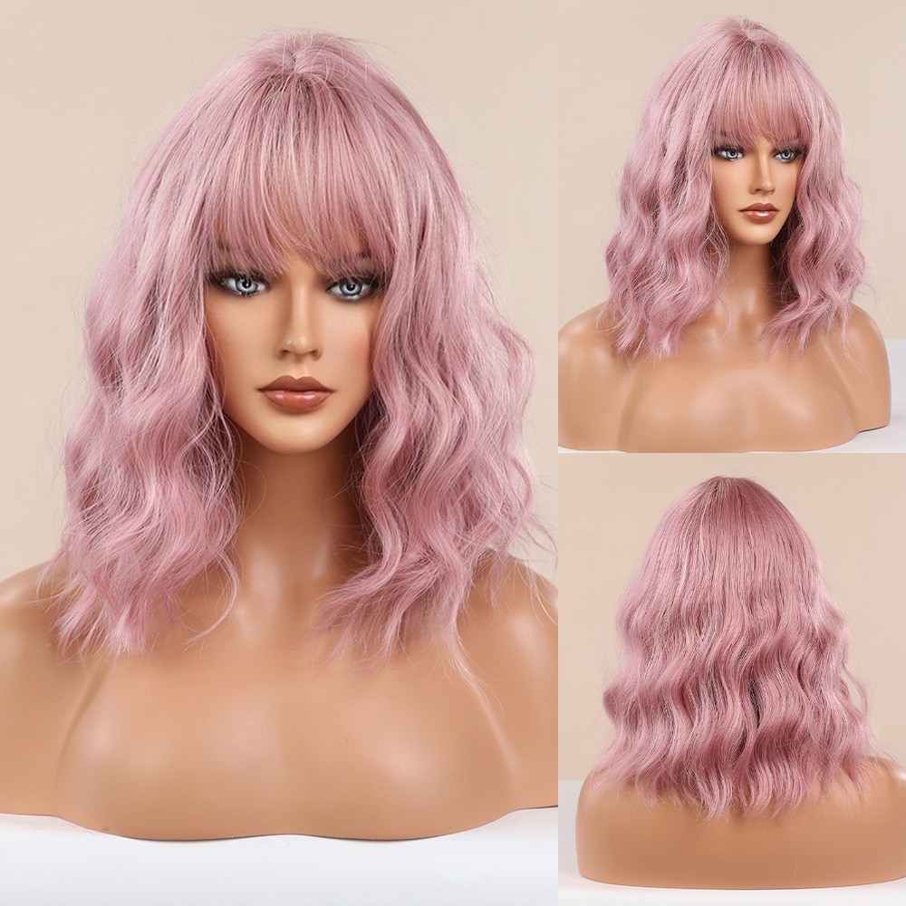 Cherry Pink Short Curly Bob Wig with Bangs European American Style Synthetic Wig