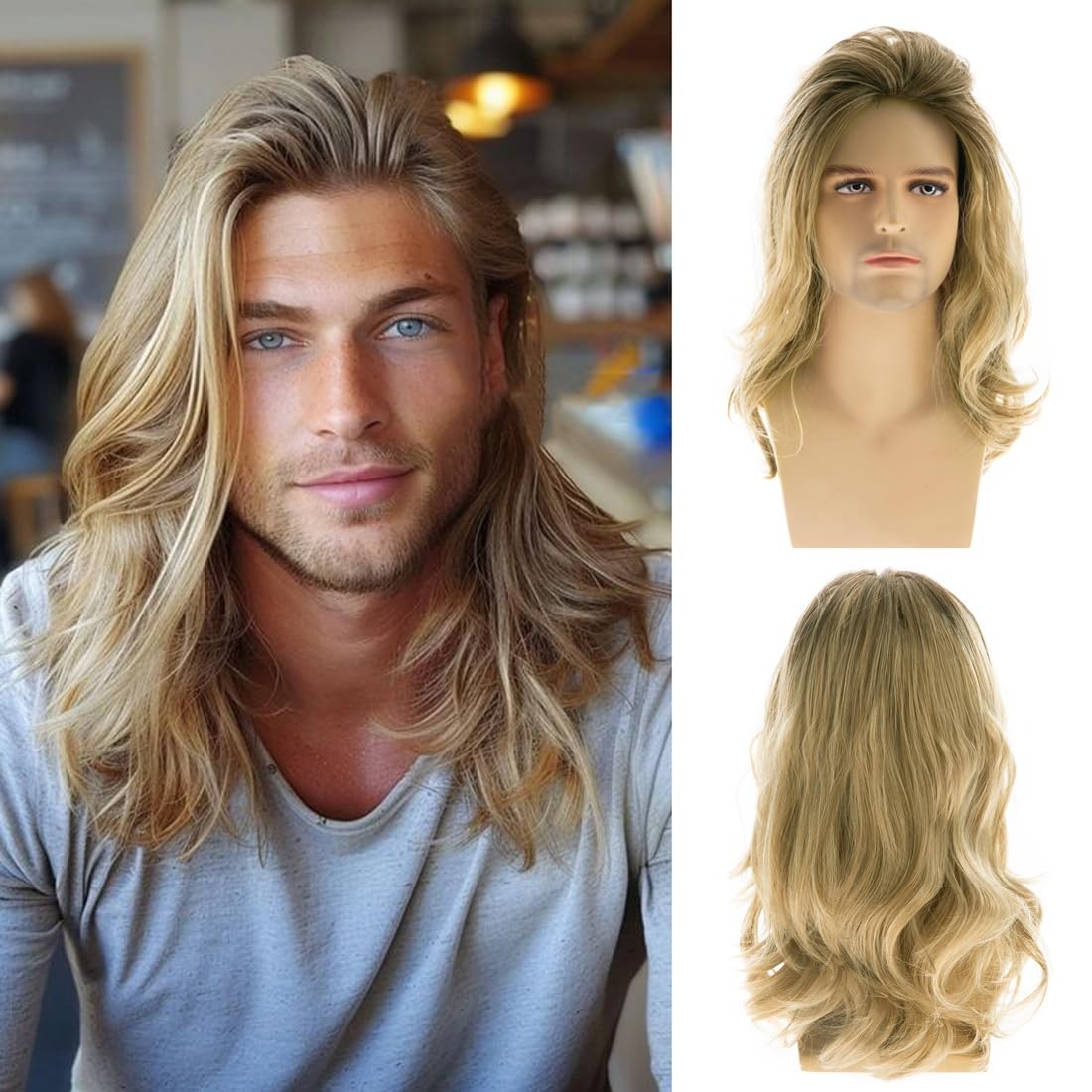Baruisi Long Blonde Wigs for Men Synthetic Layered Wavy 22.5 Inch, blonde