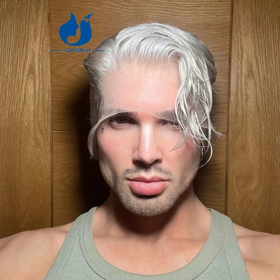 White Platinum Blonde Short Pixie Cut Male Wig Human Hair Full Lace Wig For Men